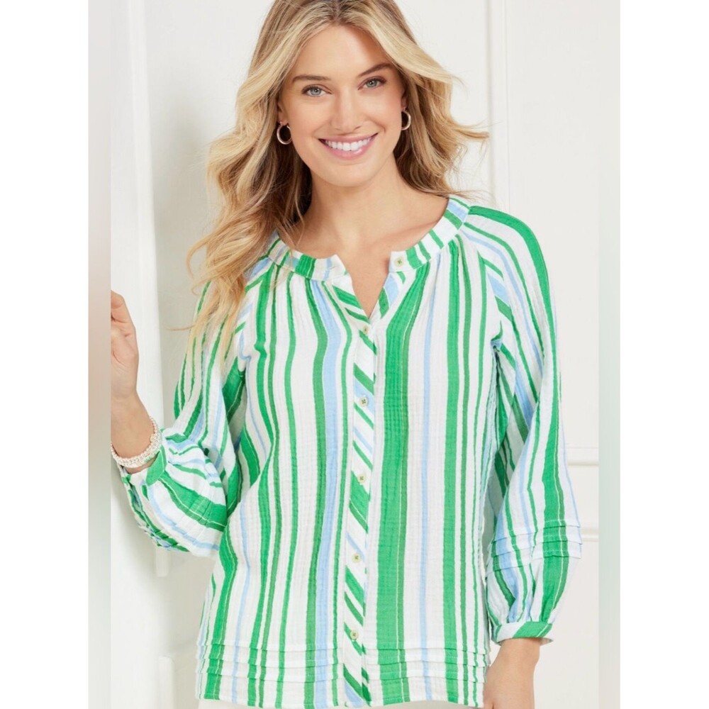 Talbots Pintuck Button Front Top Cruise Stripe Size 2XP